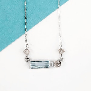 Natural Aquamarine Bar Necklace in Sterling Silver, Blue Aquamarine Pendant, Aquamarine Necklace, Sterling Silver Necklace, Zircon Necklace