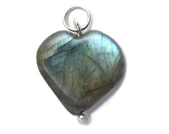 Labradorite Heart Charm, Labradorite Heart Pendant, Gemstone Sterling Silver Charm, Small Heart Necklace