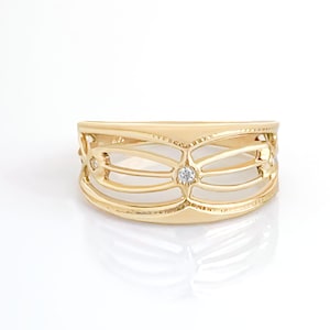 Lace Cigar Band Ring with Diamonds in 14k Gold, Wide Band Gold Ring, Wide Diamond Band, Diamond Ring, Art Nouveau Gold Ring, 14K Gold Ring