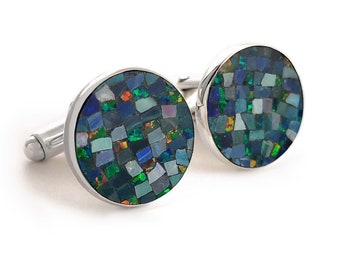 Australian Opal Cufflinks in Sterling Silver, Opal Mosaic Cufflinks in Sterling Silver, Blue Fire Opal Round Cufflinks, Black Opal Cufflink