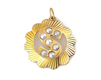 Antique Initial Gold Pendant, Letter S, Seed Pearls and 12k Gold, Antique Gold Charm, Natural Seed Pearls, Solid Gold Charm