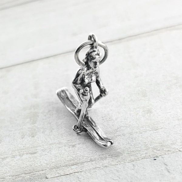 Female Skier Charm Pendant in Sterling Silver, 3D Skier Charm Pendant in Sterling Silver, Miniature Woman Skier Charm in Sterling Silver