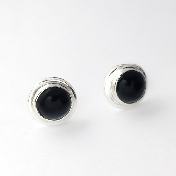 Black Onyx Round Stud Earrings in Sterling Silver, Organic Round Black Post Earrings, Silver Stud Earrings Pair