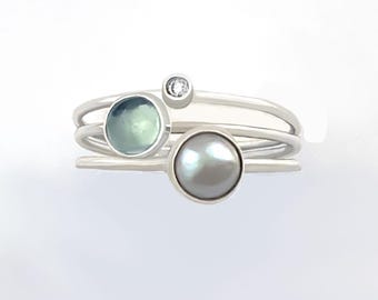 Diamond & Pearl Silver Ring with Aquamarine, Tourmaline, Turquoise or Iolite; Sterling Silver Ring, Triple  Ring, Three Stone Ring, Handmade