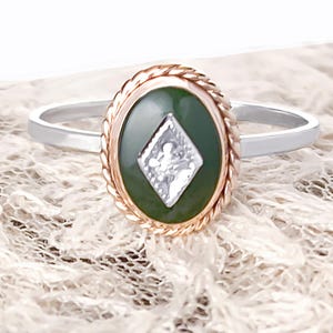 Vintage Jade and Diamond Ring in Sterling Silver and Gold Filled, Antique Jade Ring, Diamond Ring, Conversion Ring, Nephrite Jade, Size 7