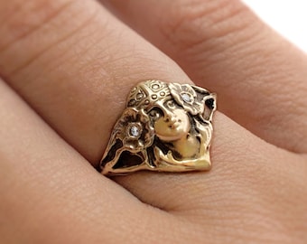 Gold Art Nouveau Flower Nymph Diamond Ring: 10k Gold Ring, Antique Ring