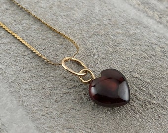 14k Gold Garnet Heart Charm, Red Heart Gold Charm, Natural Garnet Heart Pendant, Red Heart Charm, January Birthstone, 14k Gold Chain