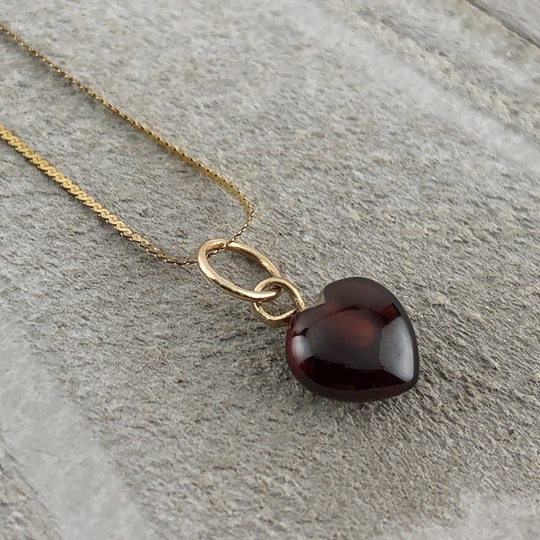 14k Gold Garnet Heart Charm, Red Heart Gold Charm, Natural Garnet Heart Pendant, Red Heart Charm, January Birthstone, 14k Gold Chain