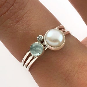 Akoya Pearl, Aquamarine and Diamond Stacking Ring Set in Sterling Silver, Lustrous Saltwater White Pearl Stacking Ring, Silver Stacking Ring