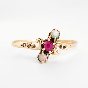 Victorian Ruby and Opal Ring, 10K Gold Ring, Natural Ruby Ring, Natural Opal Ring, Three Stone Past Present Future Ring, Victorian Ring
