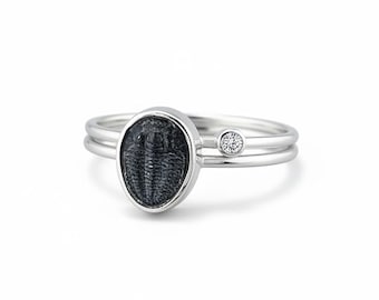 Ancient Tiny Trilobite and Diamond Stacking Ring Set in Sterling Silver: Elrathia Kingi Fossil Ring, Diamond Stacking Ring, Silver Ring Set