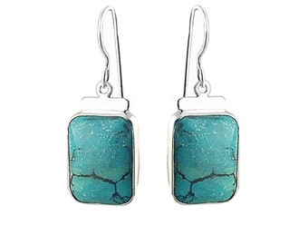 Turquoise Sterling Silver Earrings, Natural Turquoise Dangle Earrings, Rectangle Turquoise Earrings, Genuine Turquoise Earrings