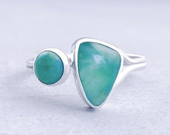 Peruvian Opal and Turquoise Sterling Silver Ring - Adjustable Size Ring, Andean Opal, Peruvian Opalina Ring, Genuine Turquoise