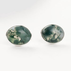 Sterling Silver Moss Agate Stud Earrings: Green Gemstone Oval Posts
