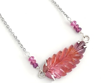 Carved Tourmaline Necklace: Bi-Color Tourmaline, Sterling Silver Leaf Pendant