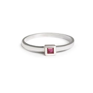 Vintage Princess Cut Ruby Ring: Minimalist Sterling Silver Stacking Band