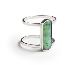 Wide Double Band Ring in Sterling Silver, Peruvian Opal Ring, Green Opal Ring, Sterling Silver Ring, Vintage Style Ring, Bohemian Ring, Opal