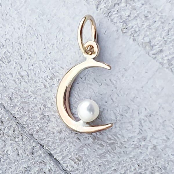 Antique Crescent Moon Charm, Victorian Moon and Pearl Gold Filled Charm, Victorian Moon and Star Charm, Antique Charm, Small Gold Charm