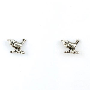 Little Bird on a Branch Stud Earrings in Sterling Silver, Bird Earrings, Sparrow Earrings, Tiny Silver Post Earrings, Bird Stud Earrings