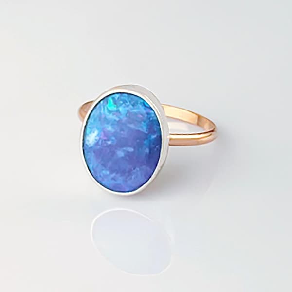 Large Australian Black Opal Ring, One of a Kind, Size 7, Natural Opal Sterling Silver and Gold Ring