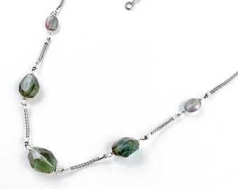 Green Tourmaline Sterling Silver Necklace, Foxtail Chain Necklace, Faceted Tourmaline Necklace, Tourmaline Chain Necklace, One of a Kind