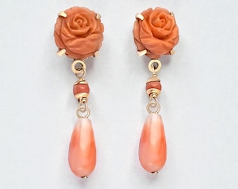 Antique Victorian Coral Earrings in 14k Gold, Angel Skin Coral Victorian Earrings, Antique Earrings, Carved Earrings, Coral Drop Earrings