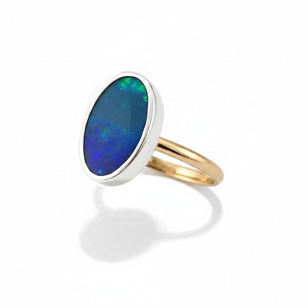 Large Australian Black Opal Ring, One of a Kind, Size 7, Natural Opal Sterling Silver and Gold Ring