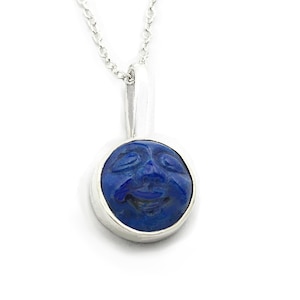 Antique Carved Lapis Cameo Pendant, Blue Moon Necklace, Carved Lapis Moon Pendant, Man in the Moon Silver Pendant, Blue Moon Necklace