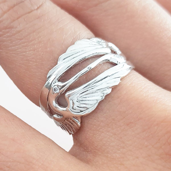 Sterling Silver Double Heron Ring: Art Nouveau Diamond Infinity Band