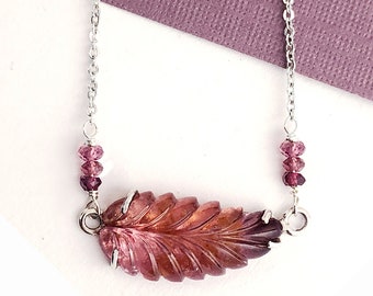 Carved Tourmaline Leaf Necklace in Sterling Silver, Bi-Color Tourmaline Necklace, Carved Leaf Necklace, Natural Tourmaline Silver Necklace