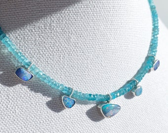 Opal Collar Necklace with Apatite, Australian Opal Necklace, Opal and Apatite Necklace, Sterling Silver Necklace, Opal
