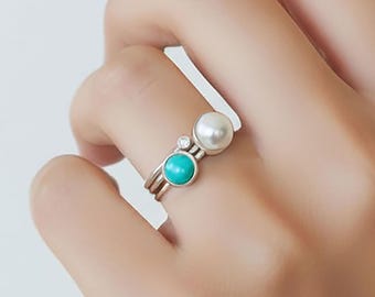 Akoya Pearl, Diamond, & Turquoise Stacking Ring Set: Sterling Silver Stacking Rings, Genuine Turquoise Ring, Three Ring Stack, Silver Rings