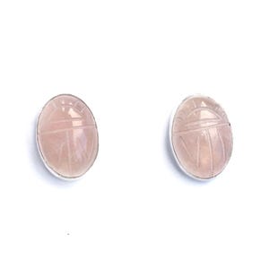 Small Carved Scarab Rose Quartz Stud Earrings Sterling Silver, Pink Oval Silver Stud Earrings, Egyptian Scarab Earrings, Small Post Earrings