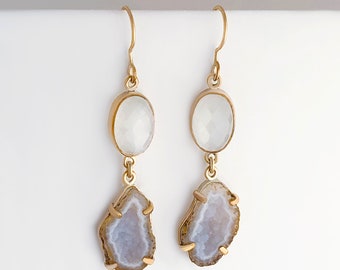 Moonstone and Druzy 14k Gold Filled Earrings, Geode Earrings, One of a Kind, Natural Stone Earrings, Gold Filled Cats Eye Moonstone Earrings