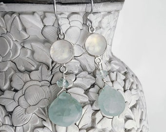 Boucles D'oreilles En Pierre De Lune Et Aigue-Marine Sur Argent 925 - 4.0g - Occasion (dormeuses)