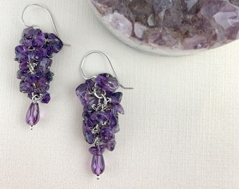 Amethyst Cluster Bauble Earrings in Sterling Silver, Sterling Silver Amethyst Cluster Earrings, Amethyst Grape Bauble Earrings