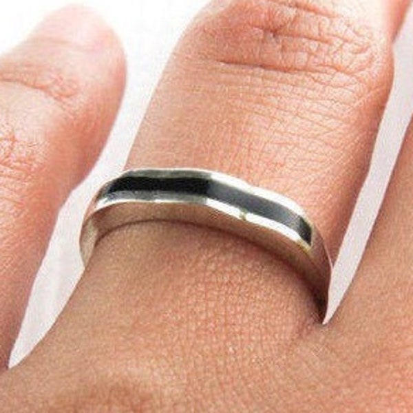 Simplistic Waves Black Onyx Sterling Silver Ring, Stack Rings