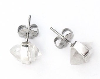 Herkimer Diamond Timy Stud Earrings in Sterling Silver, Raw Herkimer Quartz Earrings