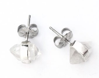 Herkimer Diamond Stud Earrings: Raw Crystal in Sterling Silver, Double Terminated