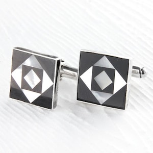 Geometric Cufflinks in Sterling Silver, Medieval Symbol Cufflinks, Sterling Silver Cufflinks, Black and White Gemstone Cufflinks