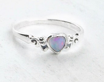 Tiny Australian Opal Heart Ring in Sterling Silver; Genuine Opal, Antique Sterling Silver Ring, Sterling Silver Heart Ring, Silver Band