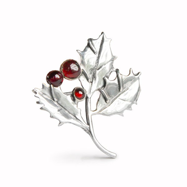 Holly with Garnet Sterling Silver Pin, Red Winterberry Holly Leaf Brooch in Sterling Silver, Holly Berry and Leaf Brooch in Sterling Silver