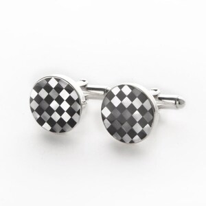Round Checkerboard Cufflinks in Sterling Silver, Black and White Pearl Cufflinks, Pearl Mosaic Cufflinks, Black and White Check Cufflinks