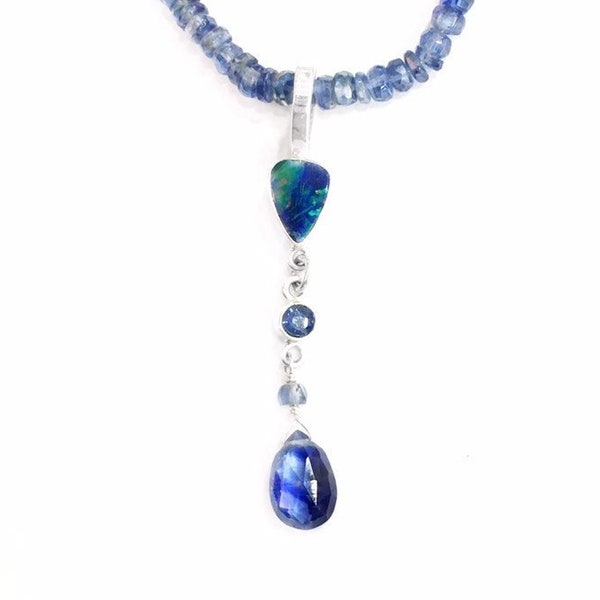 Australian Black Opal Necklace with Sapphire and Kyanite in Sterling Silver, Natural Opal Necklace, Kyanite Necklace, One of a Kind Necklace