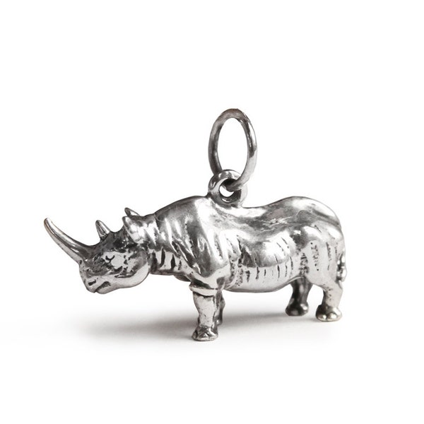 White Rhino Charm in Sterling Silver, Miniature White Rhinoceros Sterling Silver Charm Pendant, Endangered White Rhino Silver Charm