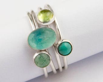 Stacking Ring Set in Turquoise, Peridot, Apatite and Sterling Silver, Natural Gemstone Rings