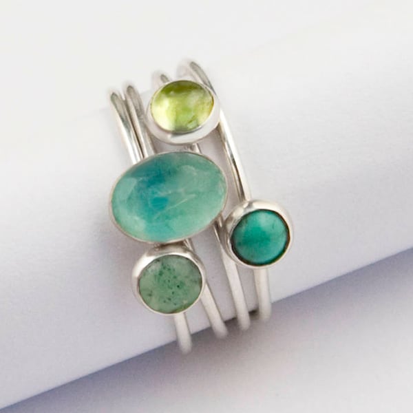 Stacking Ring Set in Turquoise, Peridot, Apatite and Sterling Silver, Natural Gemstone Rings