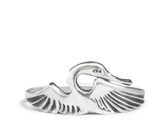 Art Nouveau Heron Sterling Silver Ring: Vintage Style Bird Band