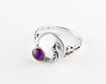 Crescent Moon Ring in Sterling Silver with Amethyst