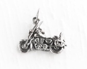 Motorcycle Sterling Silver Charm, Touring Motorbike Pendant, Motorcycle with Windshield Silver Charm